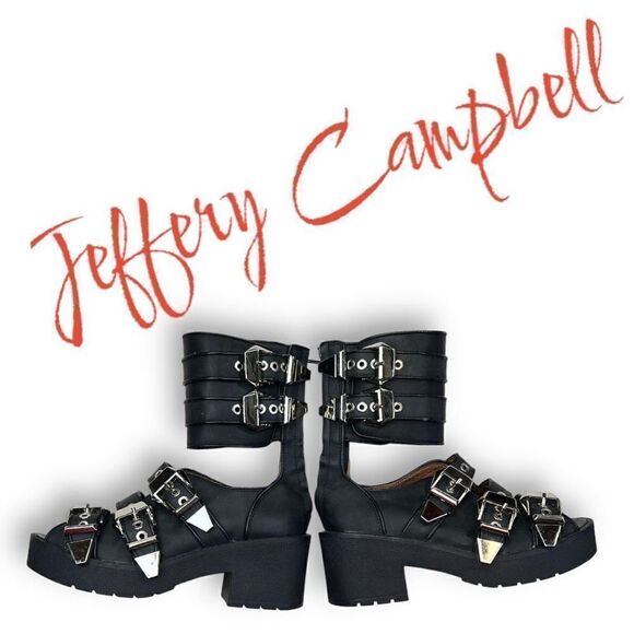 Jeffery Campbell Women's Leather Upper Black Buckle Gladiator Y2K Goth 6M Chunky - Picture 1 of 7